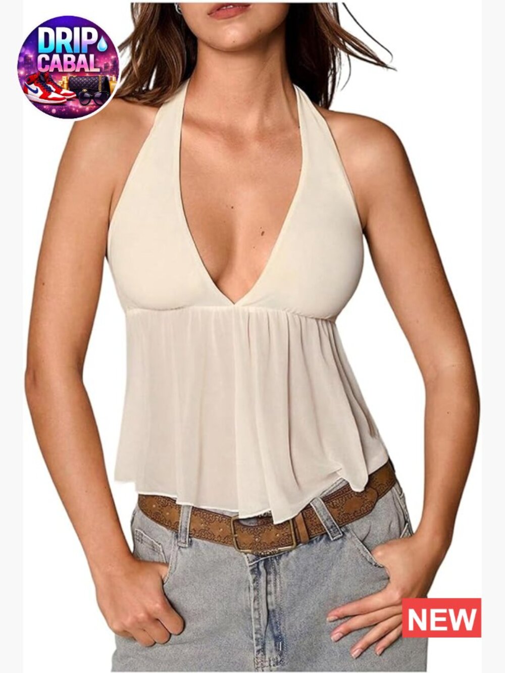 Mesh Sheer Tie Back Halter Crop Top Peplum Ruffle Sleeveless Summer Top